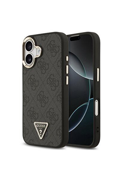 Guess Husa Leather 4G Triangle Logo Gold Frame MagSafe iPhone 17 Negru