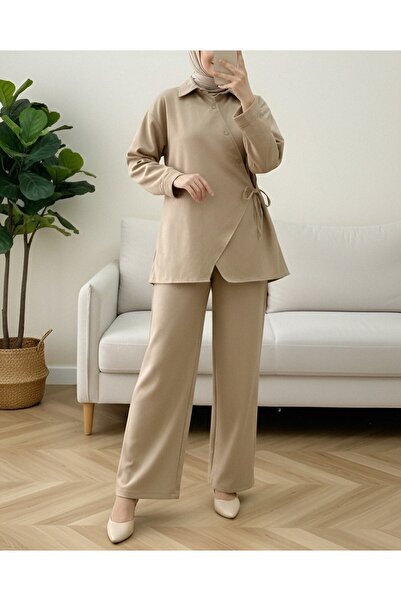 Modamorfo Cross Buttoned Side Tie Wool Effect Suit - Mink