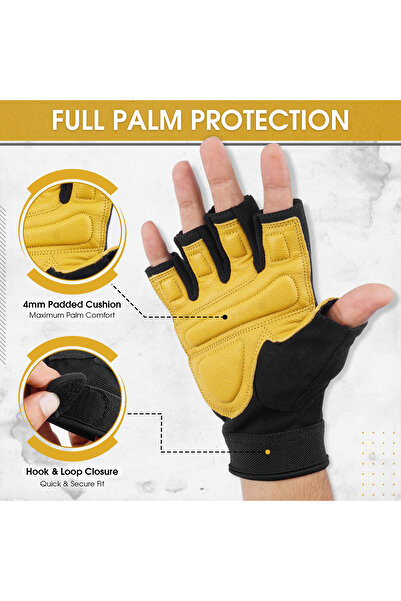 MGL SPORTS Weight Glove Black Yellow Leather (Large) -Heavy Duty Gym Gloves for Men & Women
