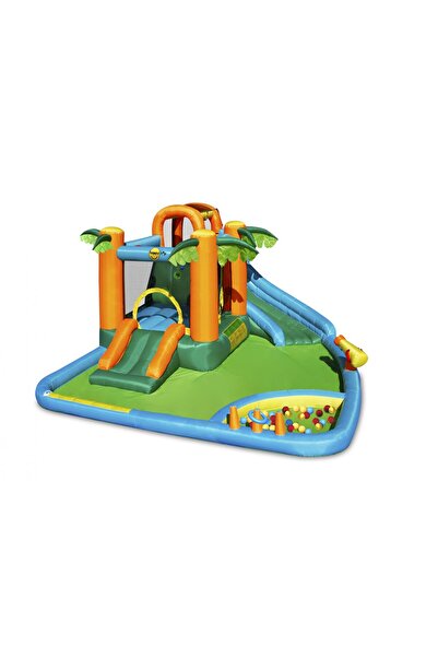 Happy Hop Saltea gonflabila Oasis 7in1, loc de joaca, tun apa, spatiu catarat, doua tobogane, bile plastic