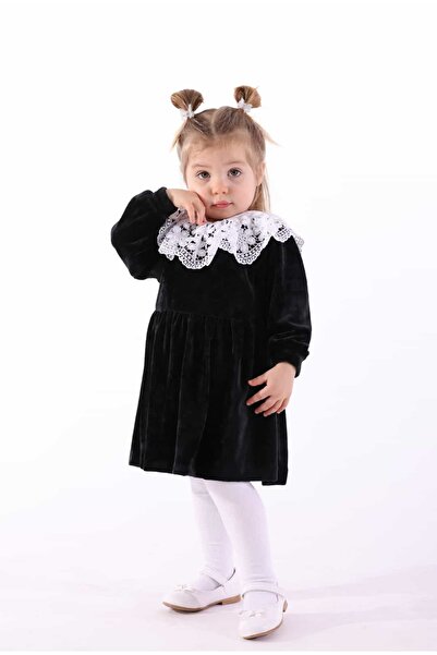 Ozmoz By Mukadder Özden Lace Collar Soft Black Velvet Little Girl Dress