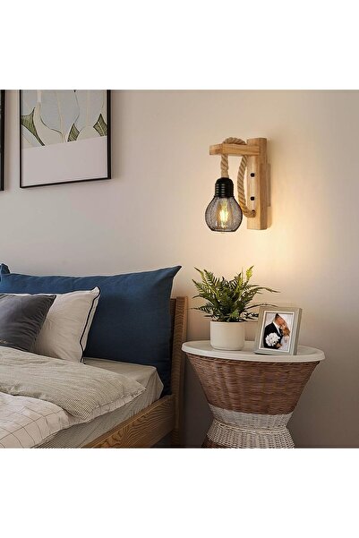 AFN Pheashine Wooden Wall Lamp Hemp Rope, Industrial Vintage Wall Lamp Shade E27 Retro Wall Light Fixtur