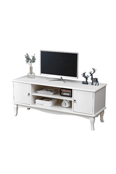 PROCART TV cabinet 120x40x50 cm, shelves, 2 storage cabinets, pine wood legs, MDF, white