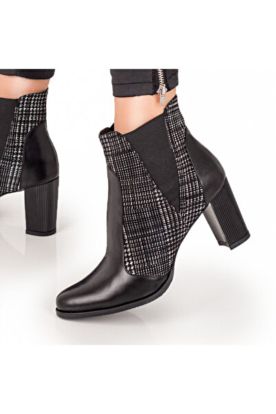 BMoD Ghete negre pentru femei, cu toc, model în carouri și inserție din mater...