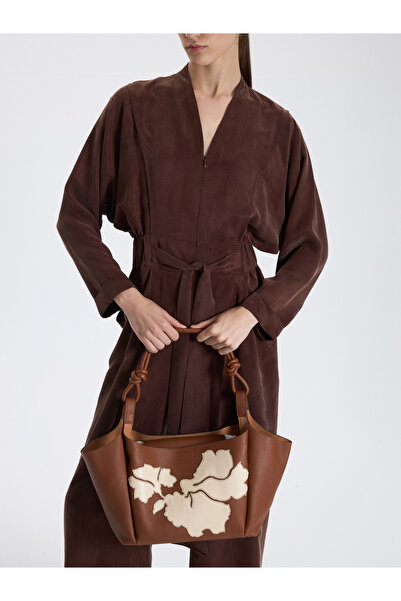 BAQA Tan Leather Bag with Floral Motif