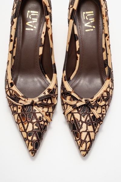 LuviShoes Camden Beige Patterned Bow Women's Heeled Shoes