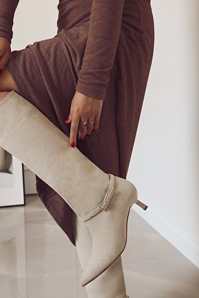 POLKA STORE Fall Kitten Heel Below-Knee Pointed Toe Piping Tape Detail Matte Leather Women's Boots Beige Suede