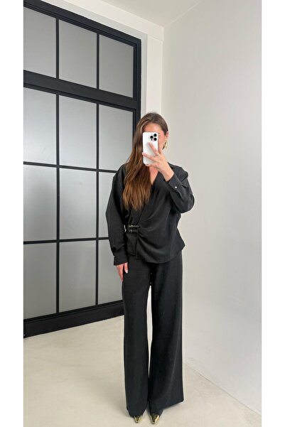 Gaus Anthracite Tie-Up Belt Detailed Blouse Elastic Waist Trousers Vintage Patterned Set Gaus-00489