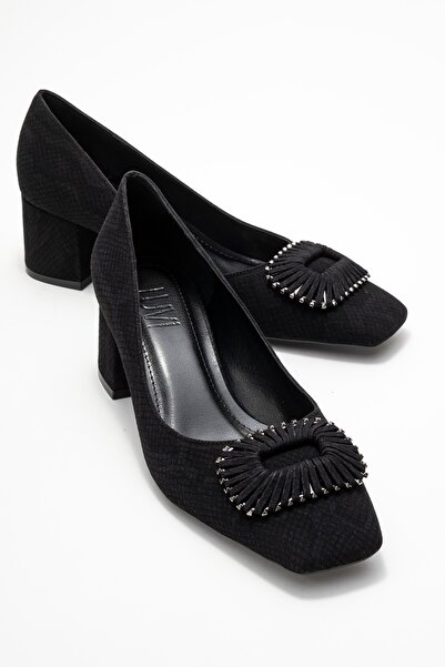 LuviShoes VELORA Siyah Desenli Tokalı Kadın Kalın Topuklu Ayakkabı