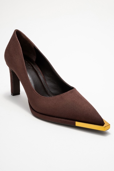 LuviShoes Liora Brown Suede Women's Block Heel Shoes with Gold Detail