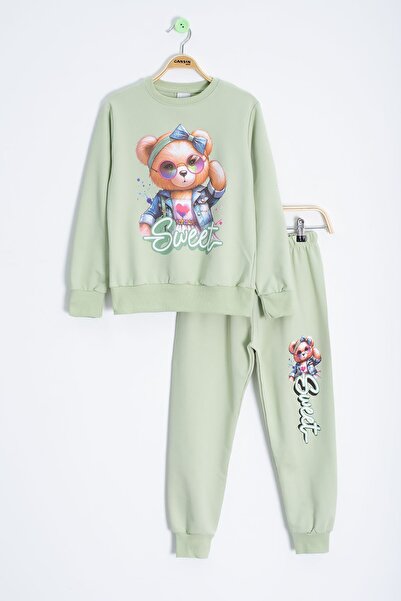 Cansın Mini Σετ αθλητική φόρμα για κορίτσια με ελαστική μέση με στάμπα πράσινο αρκουδάκι 22755