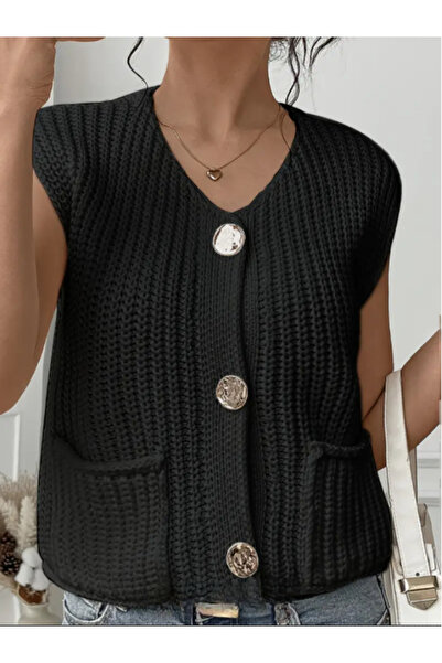 MOONBULL Women's Stylish V-Neck 3 Gold Button Tone Pocket Sleeveless Vest