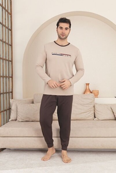 pamuklu Pijamale bărbătești, mânecă lungă, pantaloni lungi, bumbac, bej, mări...