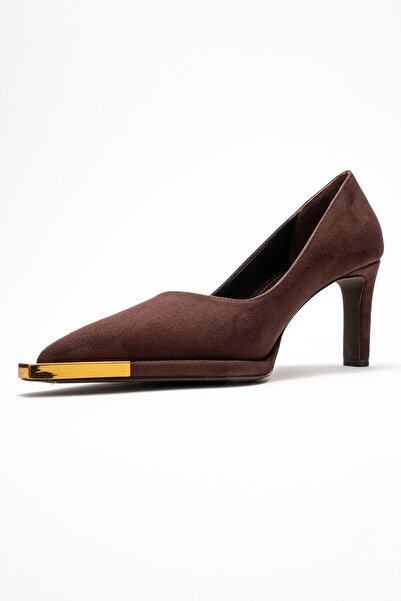 LuviShoes Liora Brown Suede Women's Block Heel Shoes with Gold Detail