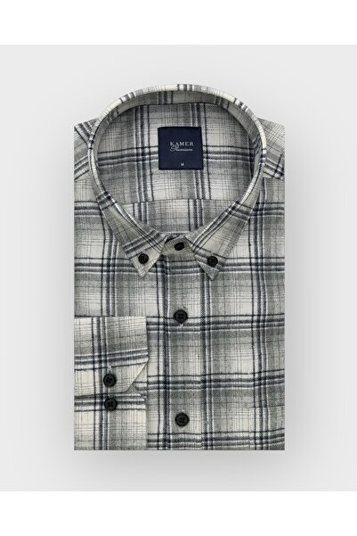 KAMER ERKEK REGULAR FIT KIŞLIK UZUN KOL DÜĞMELİ YAKA TEK CEPLİ EKOSE GRİ GÖMLEK 3777G