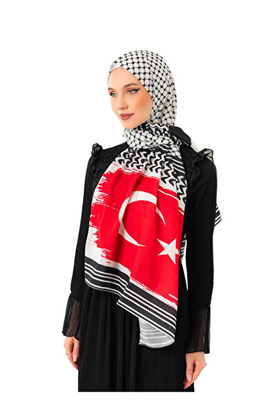 Zaytoon Shawl with Kefiye Pattern, Palestine and Turkey Flags, Digital Printed Palestine Shawl S100044