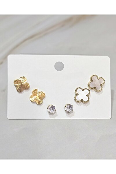 stainless steell 3'lü Yonca Motifli Kararmayan Çelik Küpe Seti – Altın Renk Taşlı Küpe