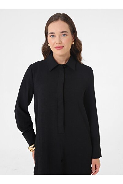 Refka Tunic Pants with Slit Front and Half Placket Two-Piece Set - Black -