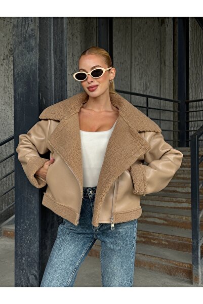 Tubik Palton de damă din piele artificială cu blană, cu buzunare duble