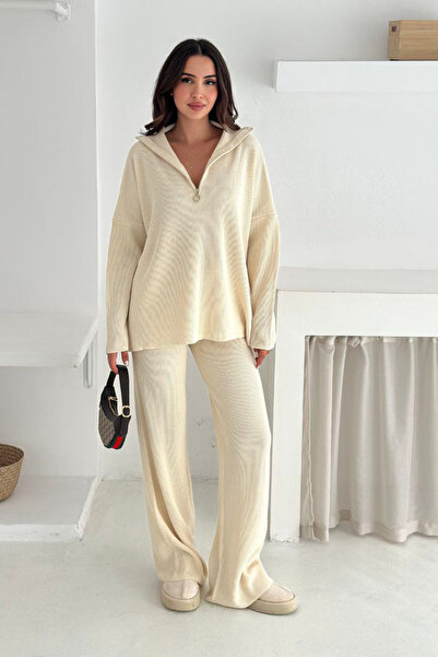 mielva Set dublu de tricotaje supradimensionat cu jumătate de fermoar bej pen...