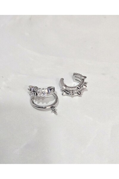 XUPING JEWELRY 2’li Kararmayan Çelik Earcuff Seti – Gümüş Renk Paslanmaz Çelik