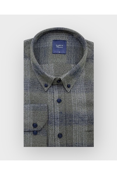 KAMER Men's Regular Fit Winter Long Sleeve Button-Up Collar Single Pocket Plaid Dark Green Shirt 3571Y