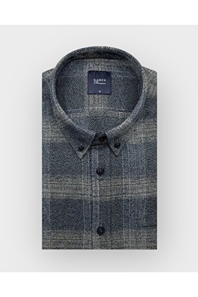 KAMER Men's Regular Fit Winter Long Sleeve Button-Up Collar Single Pocket Plaid Navy Blue Shirt 3571L