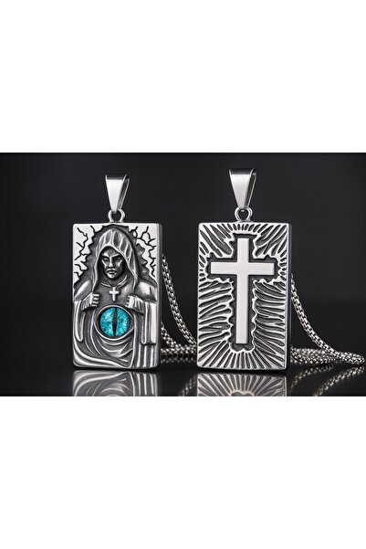 voyageaccessory Çift Taraflı Tapınakçı (Templar) Kolye – Antik Gümüş Renk Mavi Cam Göz Detaylı Çelik Kolye