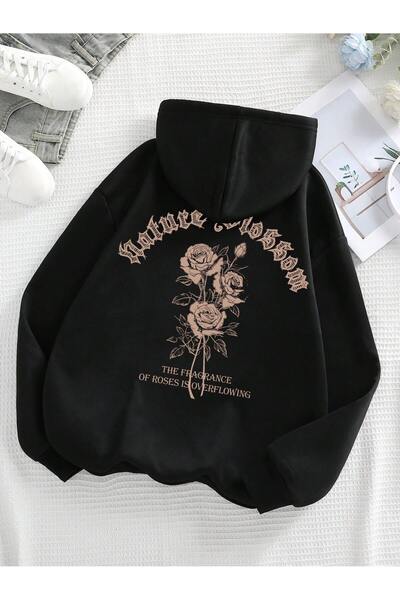 DİVİN Women's Rose Printed Sweatshirt 3-Thread Quality Fabric Oversized Cut