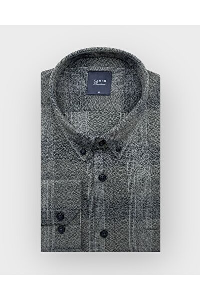 KAMER Men's Regular Fit Winter Long Sleeve Button-Up Collar Single Pocket Plaid Smoked Shirt 3571F