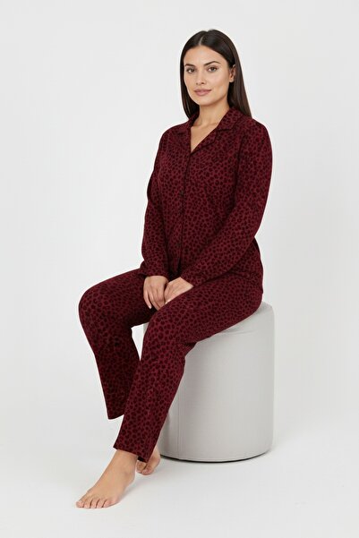 Bravie Luxury Soft Burgundy Leopard Print Long Sleeve Women's Pajama Set – Plus Size 3002