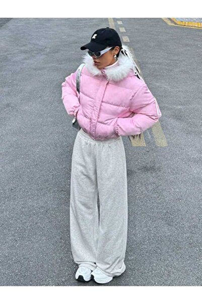 ELASSEL Χειμερινό γκρι γυναικείο φαρδύ παντελόνι σε μεγάλο μέγεθος, υψηλής πο...