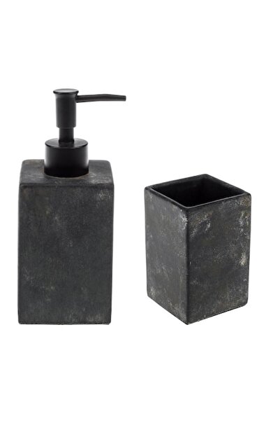 OEM Set de baie, 2 piese, Dozator sapun, Pahar, Ceramica, Negru