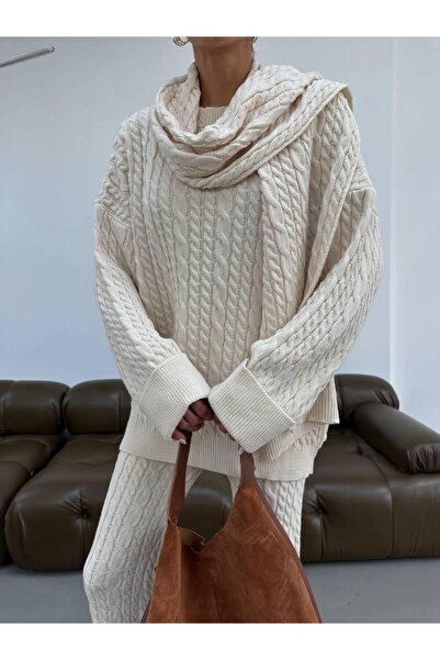 DAĞON'S Dgn's Hair-Braided Scarf 3-Piece Women's Knitwear Set Black-Ekru-Brown-Burgundy-Smoked