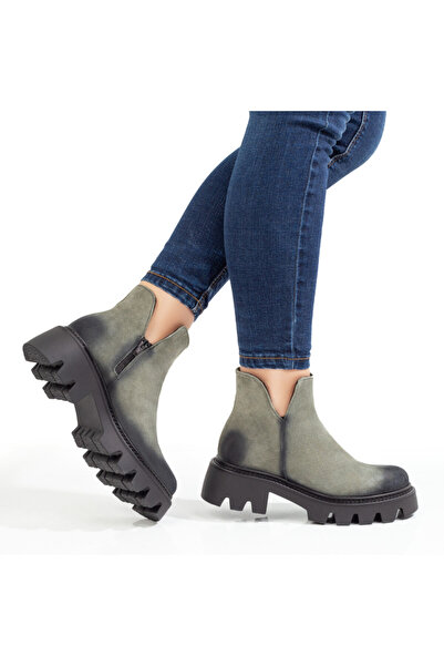 Modlet.ro Women's green short leather boots with zipper MOD10411