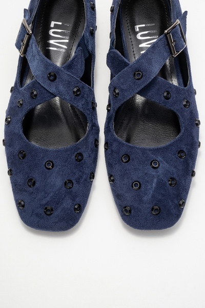 LuviShoes Addison Navy Blue Suede Stone Cross Strap Women's Ballerina Shoes