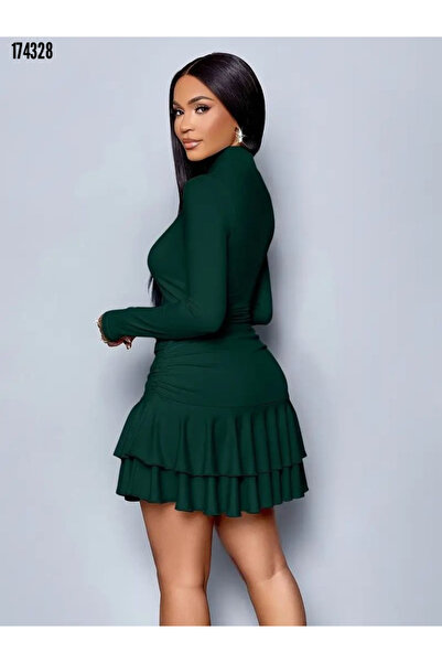 Viyamo Yeni Sezon Kadın Sandy Elbise Uzun Kollu Balıkçı Yaka Fırfırlı Mini Model