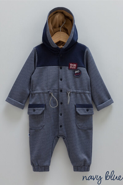 Caramell 100% Cotton Baby Boy Hooded Jumpsuit 3-18 Months Color - Navy Blue