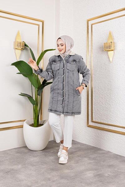 Hb Harma Time Butik Women's Buttoned Long Gray Denim Jacket with Pockets and Fur Inside