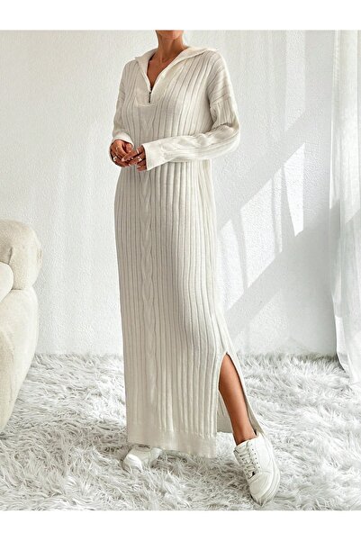 TOFİX textile triko kışlık tek örgülü yandan yırtmaçlı uzun elbise