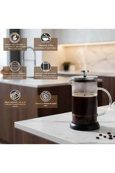 Köken Aparat francez de cafea și ceai cu piston, infuzor, 1L, 3 filtre, sticlă, inox, -20 până la 130 ℃, fără BPA