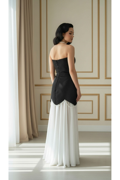 SEDABULBULTASARİM Siyah Straplez Saten İnci Boncuklu Beyaz Şifon Etek Abiye Elbise