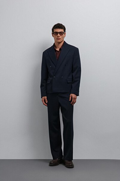 Antioch Lacivert Kruvaze Relax Crop Fit Blazer Ceket