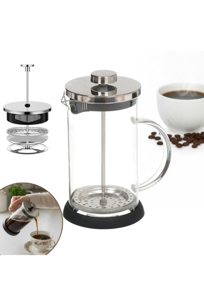 Köken Aparat francez de cafea și ceai cu piston, infuzor, 1L, 3 filtre, sticlă, inox, -20 până la 130 ℃, fără BPA