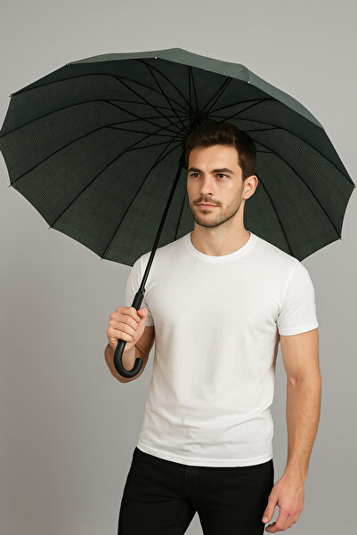Chunky Frame Kaliteli Koyu Yeşil Ekose Desenli Kırılmaz Şemsiye 16 Telli Umbrella