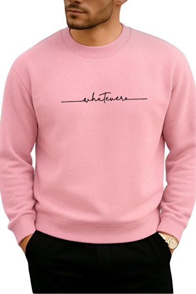 NO 601 Hanorac pentru bărbați, roz Whatever cu imprimeu cu gâtul rotund