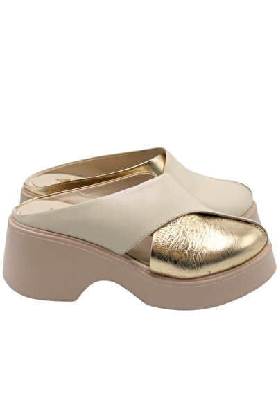 Venüs %100 Deri Platform Topuklu Terlik Altın & Bej