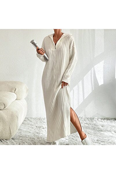 TOFİX textile triko kışlık tek örgülü yandan yırtmaçlı uzun elbise