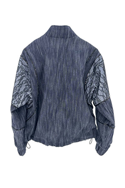 tw3 Jachetă pentru femei cu aspect de țesătură denim cu design detaliat din dantelă