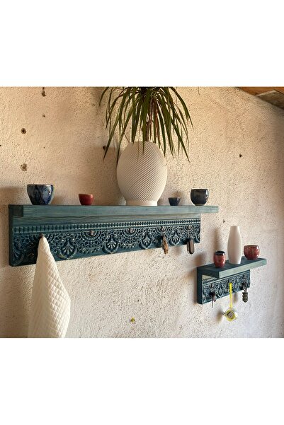 Home Ahşap Oyma Askılıklı Duvar Rafı
